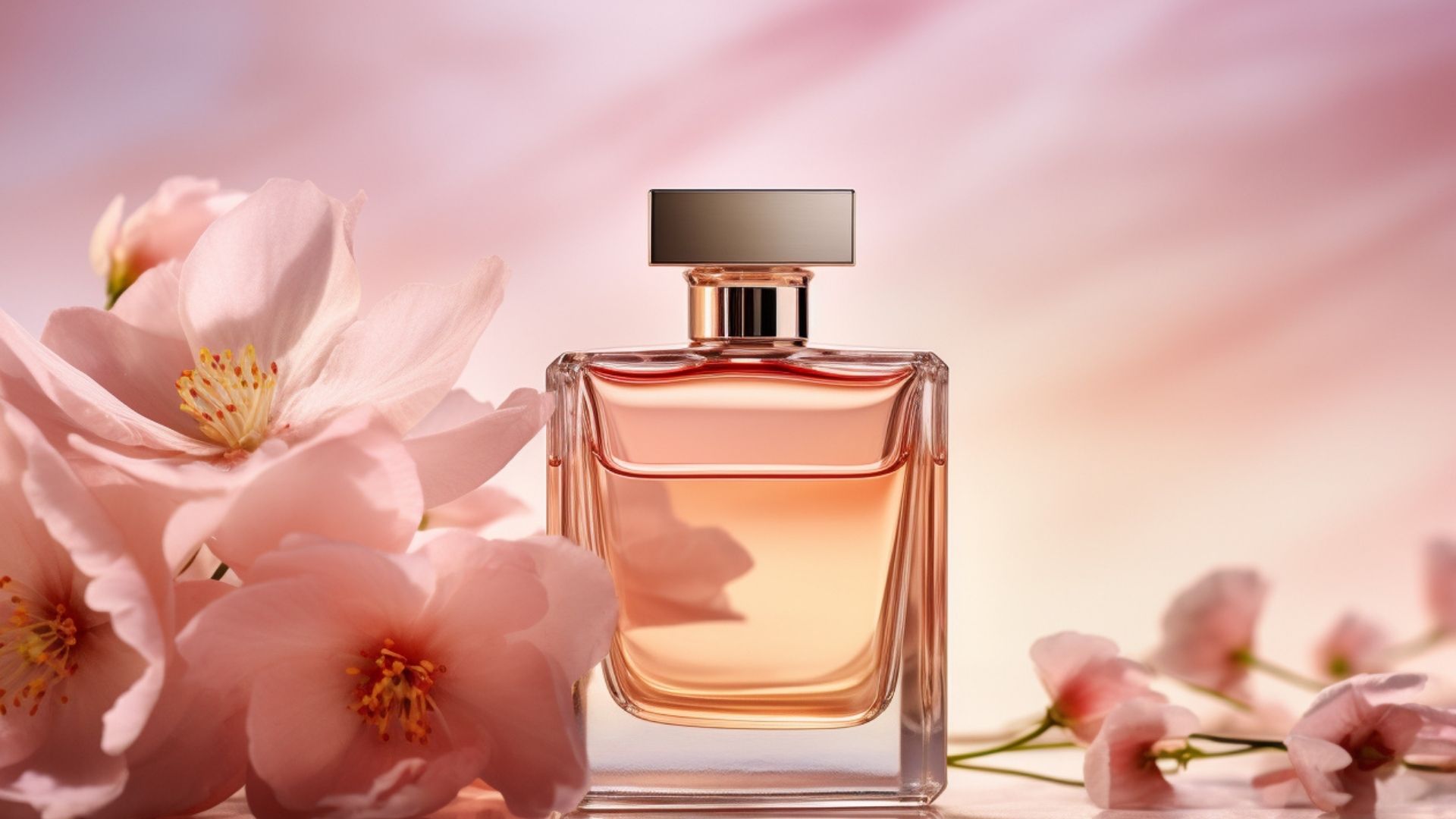 Flakon perfum z różowymi kwiatami w tle